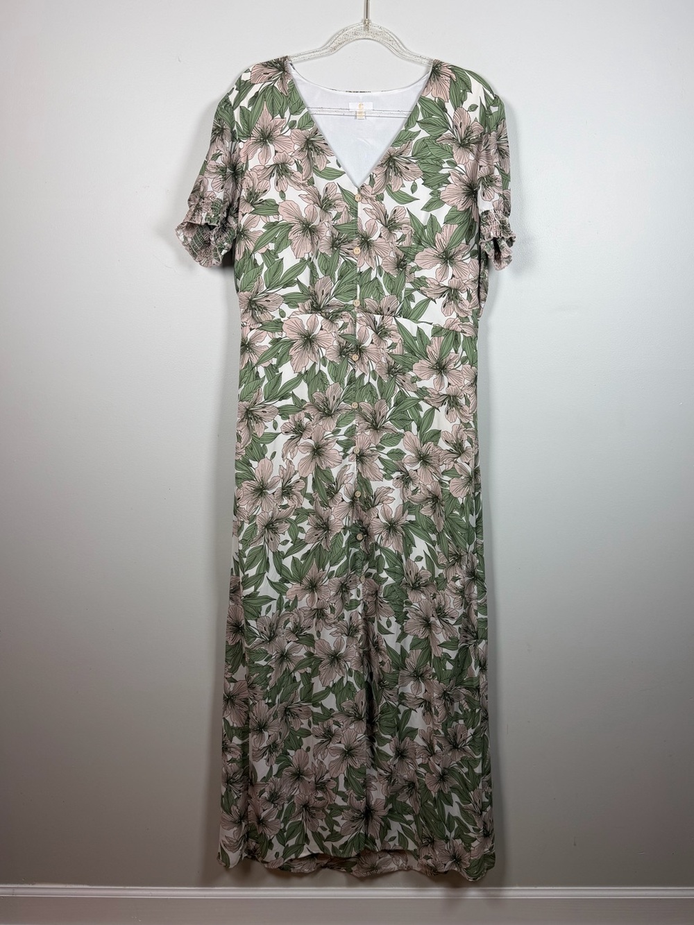 Charming Charlie Pink Green Tropical Floral Button Front Maxi Long Dress XL